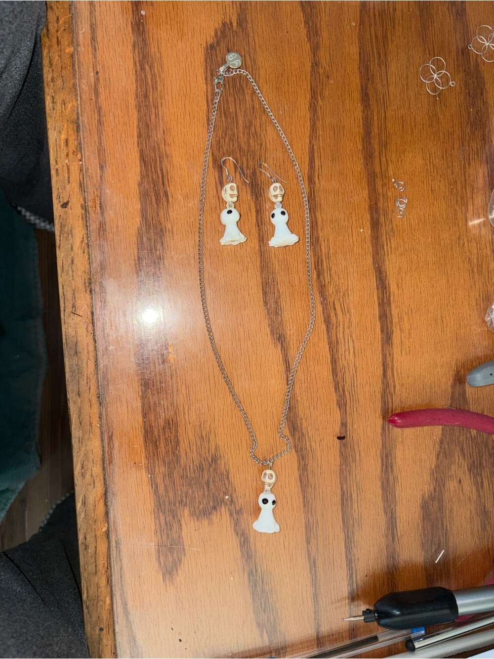 White Ghost Pendant Necklace and Earring Set - Women Jewelry 11 1/2 inches